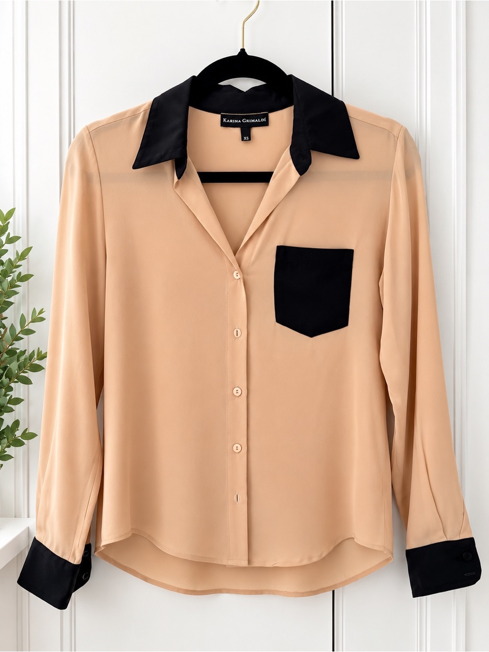 Karina Grimaldi Silk Blouse Beige Black Contrast Button Down XS